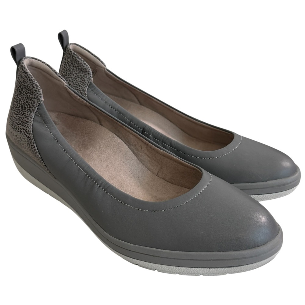 Vionic Jacey Grey Leather Wedge Ballet Flats Animal Print Heel Womens 9 Comfort